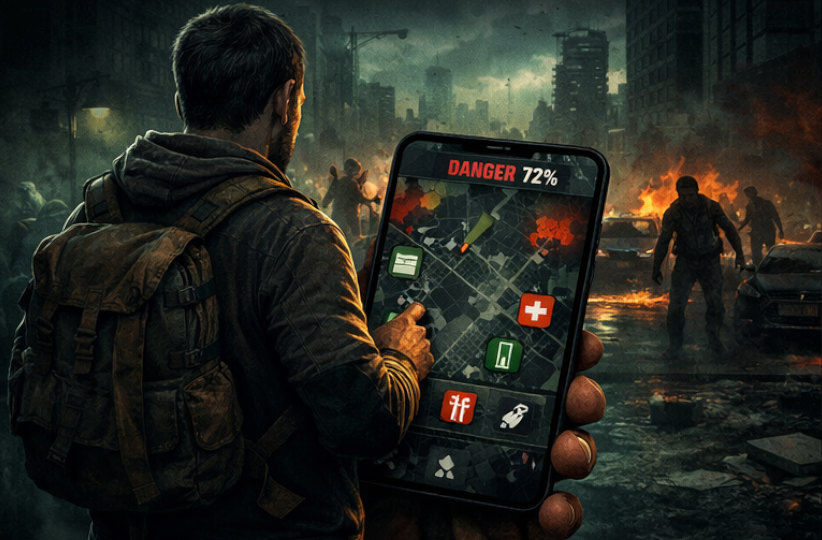 Un joueur consulte une carte de survie sur son téléphone dans une ville envahie
